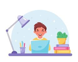 Boy studying with computer. Online learning, back to school vector