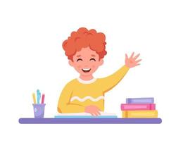 Boy raising hand to answer. Child sitting at a desk with school supplies. vector