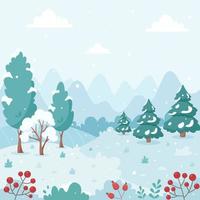 paisaje de invierno cubierto de nieve con árboles, montañas, campos. paisaje de campo