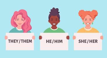 People holding sign with gender pronouns. She, he, they, non-binary. vector