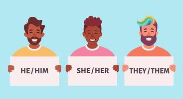 People holding sign with gender pronouns. She, he, they, non-binary. vector