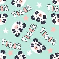 Seamless pattern with tiger faces, stars and text TIGER. vector