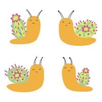 Hand drawn collection of snails with cactuses houses. vector