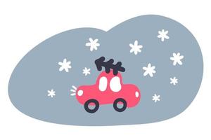 Winter doodle illustration of car carrying Christmas tree in snowfall. vector