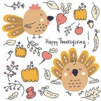 Thanksgiving collection of turkeys, roosters, pumpkins and autumn leaves. vector