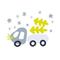 Doodle illustration of truck carrying Christmas trees in snowfall. vector