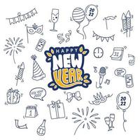 hand drawn doodle art happy new year 2020, editable icons and vectors