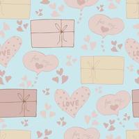 vector seamless pattern of hearts and gifts with congratulations declaration of love on Valentine's Day 14 February. Background for invitations, wallpaper, wrapping paper and scrapbooking