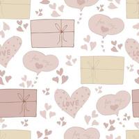 vector seamless pattern of hearts and gifts with congratulations declaration of love on Valentine's Day 14 February. Background for invitations, wallpaper, wrapping paper and scrapbooking