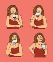 set of girl drinking wine vector