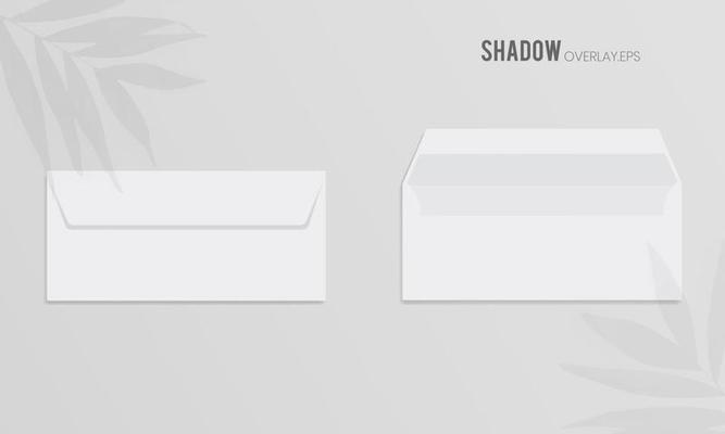 White paper letter envelope horizontal perspective with leaves shadow overlay illustration on isolated background
