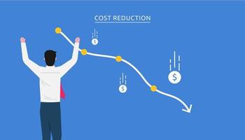 Costs reduction, costs cut, costs optimization business concept. Businessman views graph with descending curve and coins falls symbol. vector