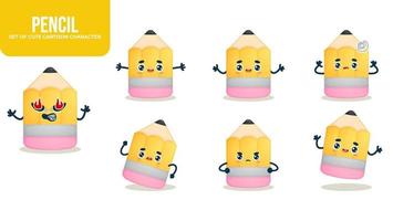 Set of cute pencil cartoon character with different poses Premium Vector