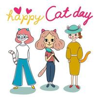 tarjeta del día nacional del gato con tres gatos jóvenes lindos y elegantes con un disfraz como humano, uno sosteniendo un cepillo, uno con sombrero con una redacción feliz día del gato vector de dibujos animados dibujados a mano