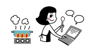 woman cooking and working in laptop new normal quarantine hand drawn cartoon vector