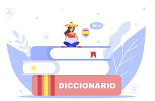 Vector illustration of online courses. Language school. Online education. Tutor. Hello. Dictionary, Spanish language language. Native speaker.