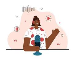 Vector flat illustration of podcaster speaking in microphone. Smiling woman in headphones recording audio podcast or online show. Podcasting, broadcasting. White background.