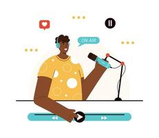 Vector flat illustration of podcaster speaking in microphone. Smiling afro american man in headphones recording audio podcast or online show in studio. Podcasting, broadcasting. White background.