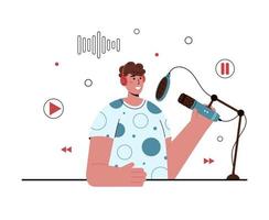 Vector flat illustration of podcaster speaking in microphone. Smiling caucasian man in headphones recording audio podcast or online show in studio. Podcasting, broadcasting. White background.