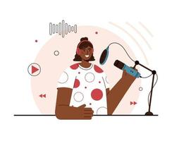 Vector flat illustration of podcaster speaking in microphone. Smiling afro american woman in headphones recording audio podcast or online show. Podcasting, broadcasting. White background.