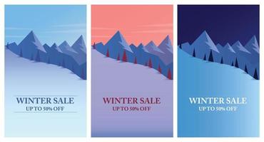 Winter Sale with Landscape at sunrise, sunset and night. Winter Season banners set template vector illustration.