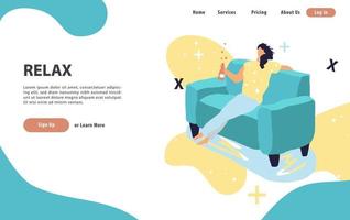 Lazy time concept with female in couch drinking a beer. Landing modern page template vector illustration