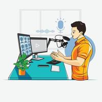 a young man working in home office on zoom call teleconference meeting vector illustration free download