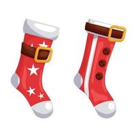 Red Christmas socks decorated with stars and belt on white background. vector