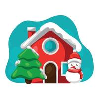 little house with smiling christmas snowman on paint stain vector