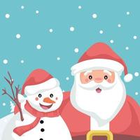 feliz navidad, tarjeta, de, santa claus, y, muñeco de nieve, abrazado vector