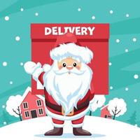 Design of santa claus delivering delivery in the city at christmas vector