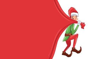 christmas elf holding red curtain on transparent background vector