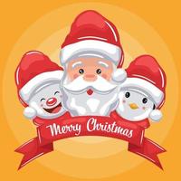 santa claus with smiling penguin and snowman with phrase merry christmas vector