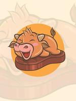 cute cow on a grilled beef - mascot and logo illustration vector