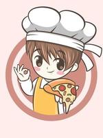 cute chef boy holding a pizza slice. fast food logo illustration concept vector