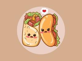 lindo kebabs y concepto de pareja de hot dog. personaje de dibujos animados e ilustración. vector