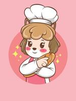 Cocinero lindo del perro femenino que abraza un pan. concepto de chef de panadería. personaje de dibujos animados e ilustración de mascota. vector