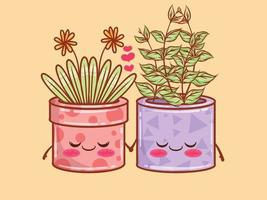 cute summer flower pot cartoon characters and illustrations. couple concept.