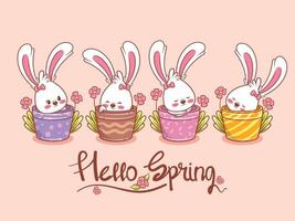 cute bunny with a pot and flower spring. cartoon character illustration hello spring vector