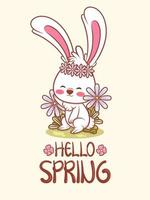 cute bunny with a flower spring. cartoon character illustration hello spring greeting vector