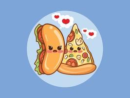 cute hot dog and pizza slice couple concept. cartoon character and illustration.