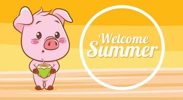 cute pig with a summer greeting banner.