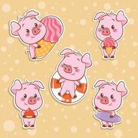 set of a cute pig summer sticker concept vector