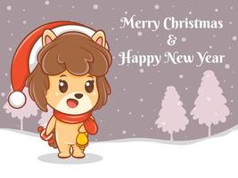 Lindo personaje de dibujos animados de cachorro con feliz navidad y feliz año nuevo saludo banner. vector