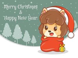 Lindo personaje de dibujos animados de cachorro con feliz navidad y feliz año nuevo saludo banner. vector