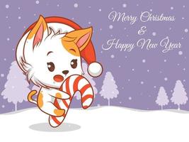 Lindo personaje de dibujos animados de gato con pancarta de saludo de feliz navidad y feliz año nuevo. vector