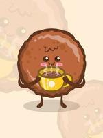 Cute grill ham holding a coffee cup. cartoon character. vector