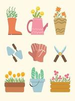 set of spring gardening elements with cute floral. vector