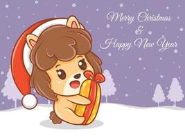 Lindo personaje de dibujos animados de cachorro con feliz navidad y feliz año nuevo saludo banner. vector