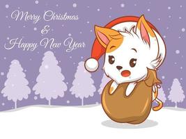 Lindo personaje de dibujos animados de gato con pancarta de saludo de feliz navidad y feliz año nuevo. vector